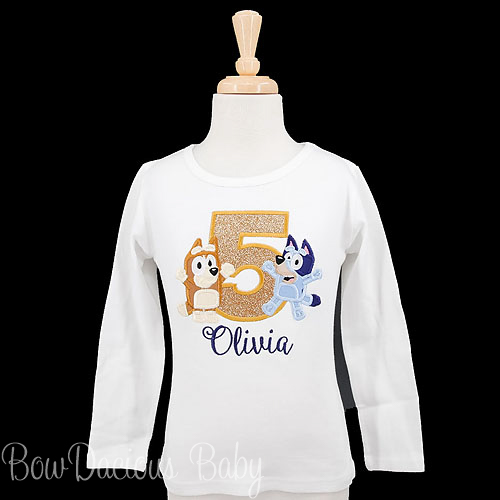 Girls Bluey Birthday Shirt or Onesie, Custom, Any Age, Any Colors, Appliqued, Personalized, Boys or Girls