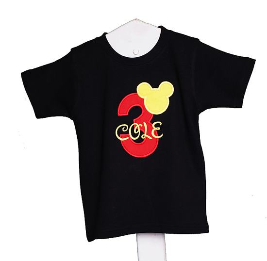 Personalized Mickey Mouse Birthday Shirt with Red Number and Yellow Name