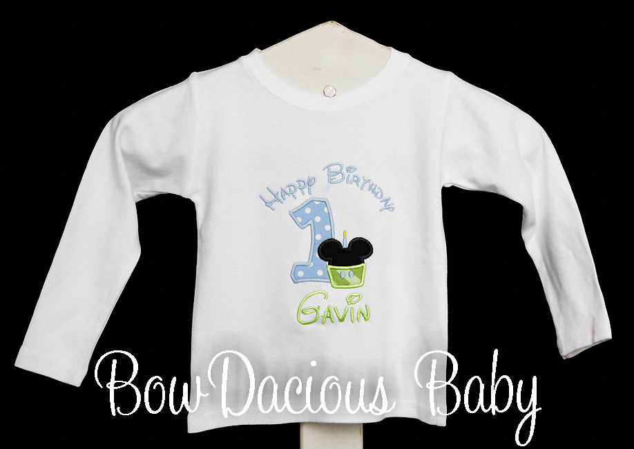 Baby Mickey Mouse Cupcake Birthday Shirt or Onesie, Custom Embroidered Applique, Cupcake, Monogram, Monogrammed, 1, 2, 3