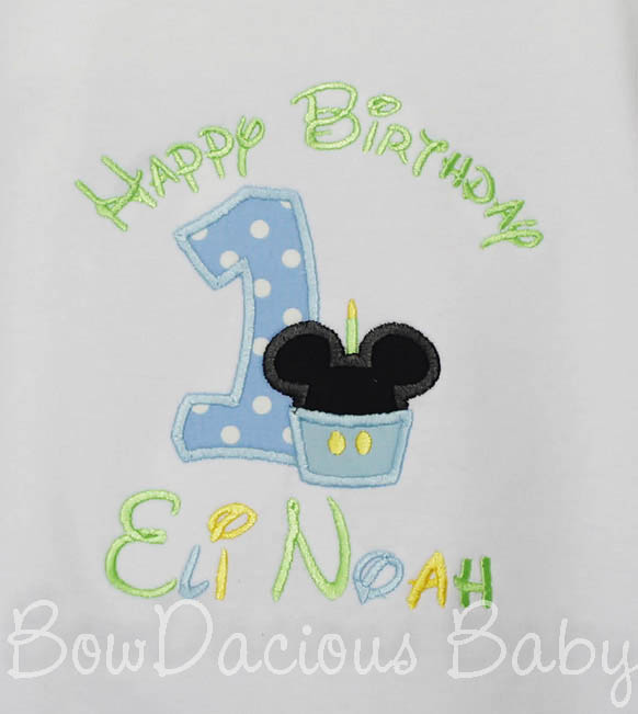 Baby Mickey Mouse birthday Shirt or Onesie, Custom Embroidered Applique, Cupcake, Monogram, Monogrammed, 1, 2, 3