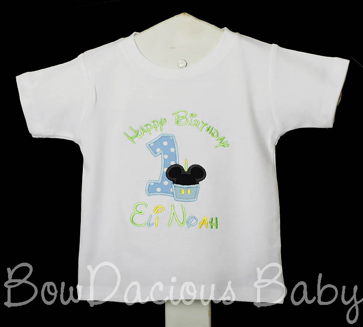 Baby Mickey Mouse birthday Shirt or Onesie, Custom Embroidered Applique, Cupcake, Monogram, Monogrammed, 1, 2, 3