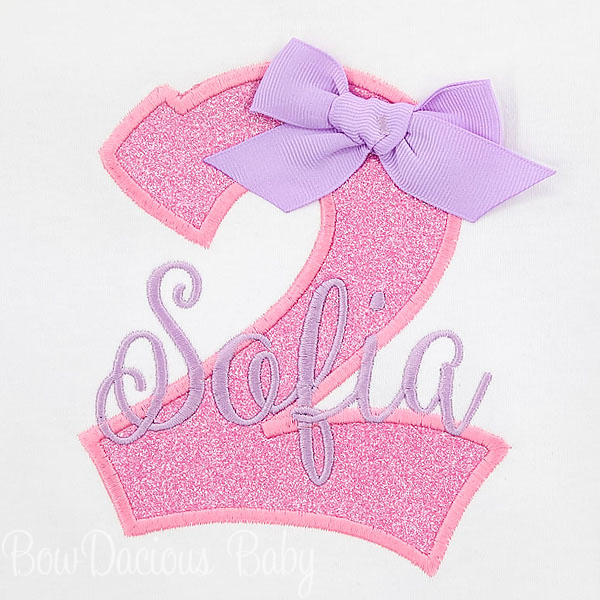 Girl's 2nd Birthday Shirt, Name and Age Birthday Shirt, Pink Glitter Number with Bow, Personalized, Custom